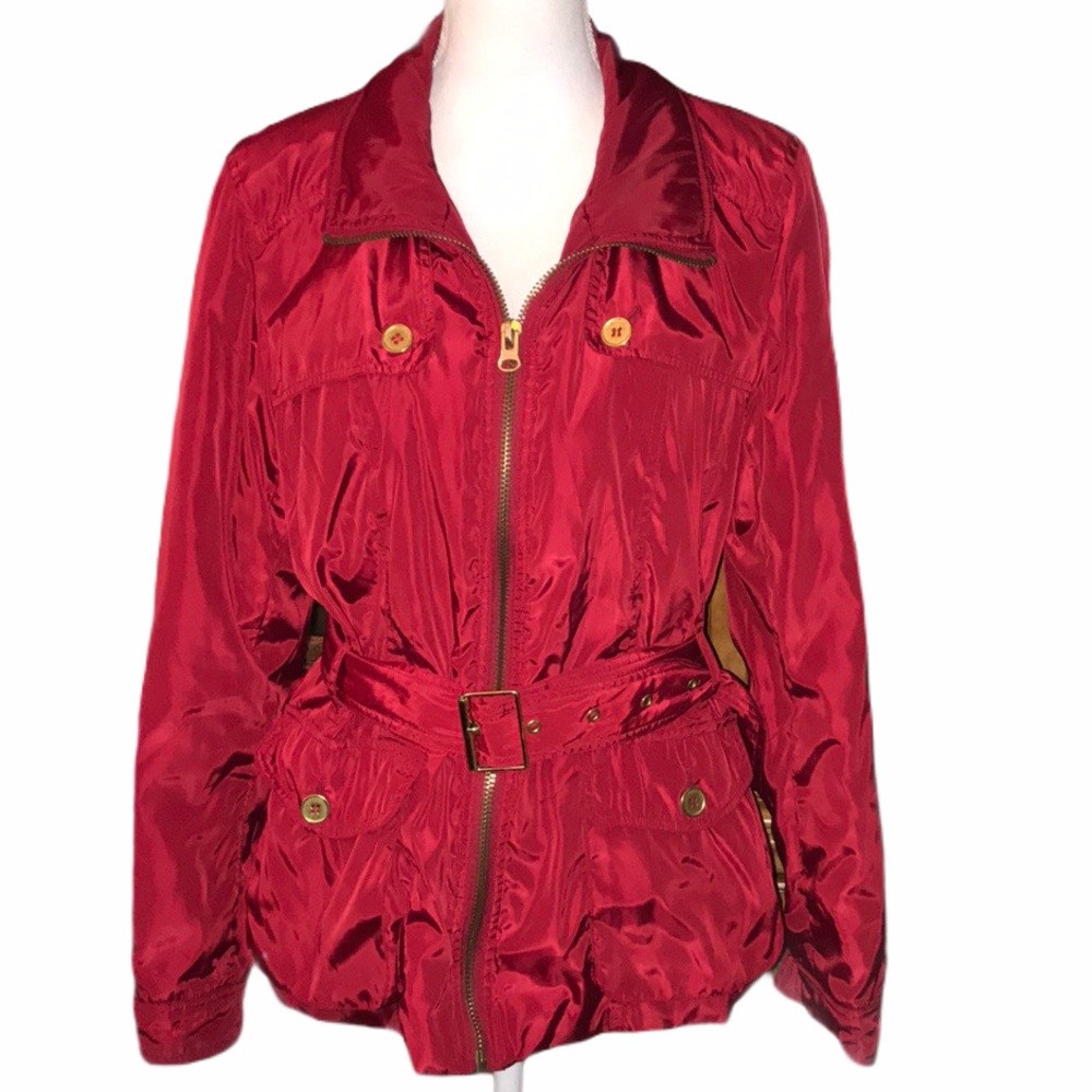 Forever 21 zip up belted red rain jacket